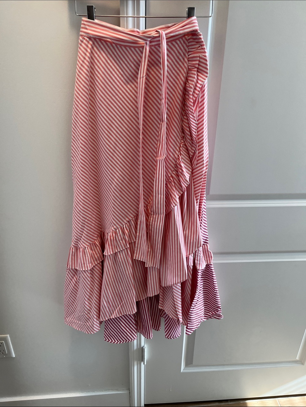 Anthropologie Pink and White Striped Ruffle Wrap Skirt